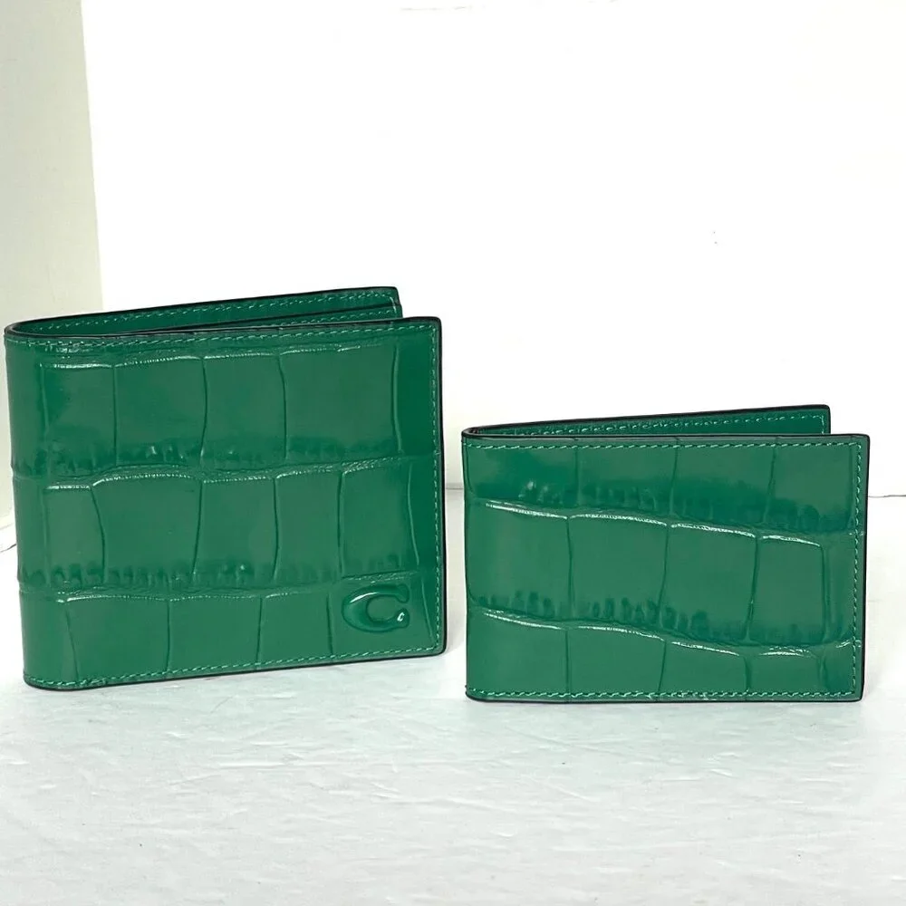 Coach Mens Green Croc Embossed Leather 3-in-1 ID Billfold